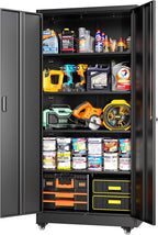 Greenvelly 73" Metal Garage Storage Cabinet with Wheels, Black Lockable Metal Cabinet with 2 Doors and 4 Adjustable Shelves, Rolling Steel Tool Organization for Garage, Home, Office, School