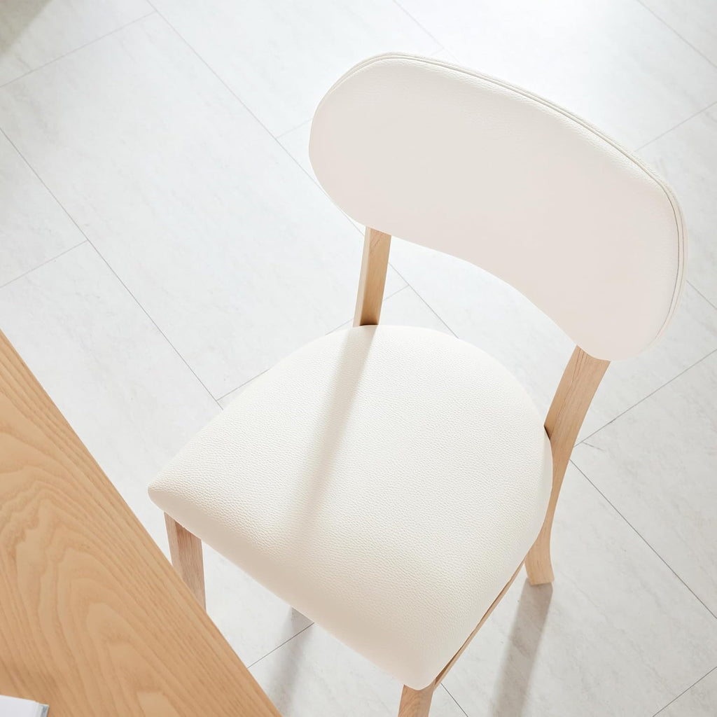 Livinia Tony Dining Chair Set of 2, Solid Malaysian Oak PU Leather Upholstered Cushion Seat, Rounded Back Side Chairs (Natural)