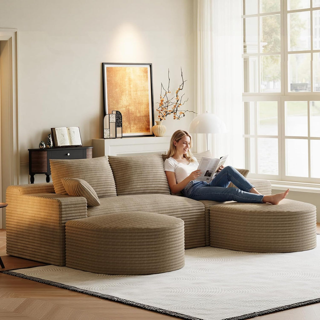 108" U-Shaped Couches for Living Room,Comfy Fluffy Cloud Sectional Couch with Curved Ottoman, Modern Plush Corduroy Deep Seat Modular Sectional Sofa for Small Spaces, Light Brown