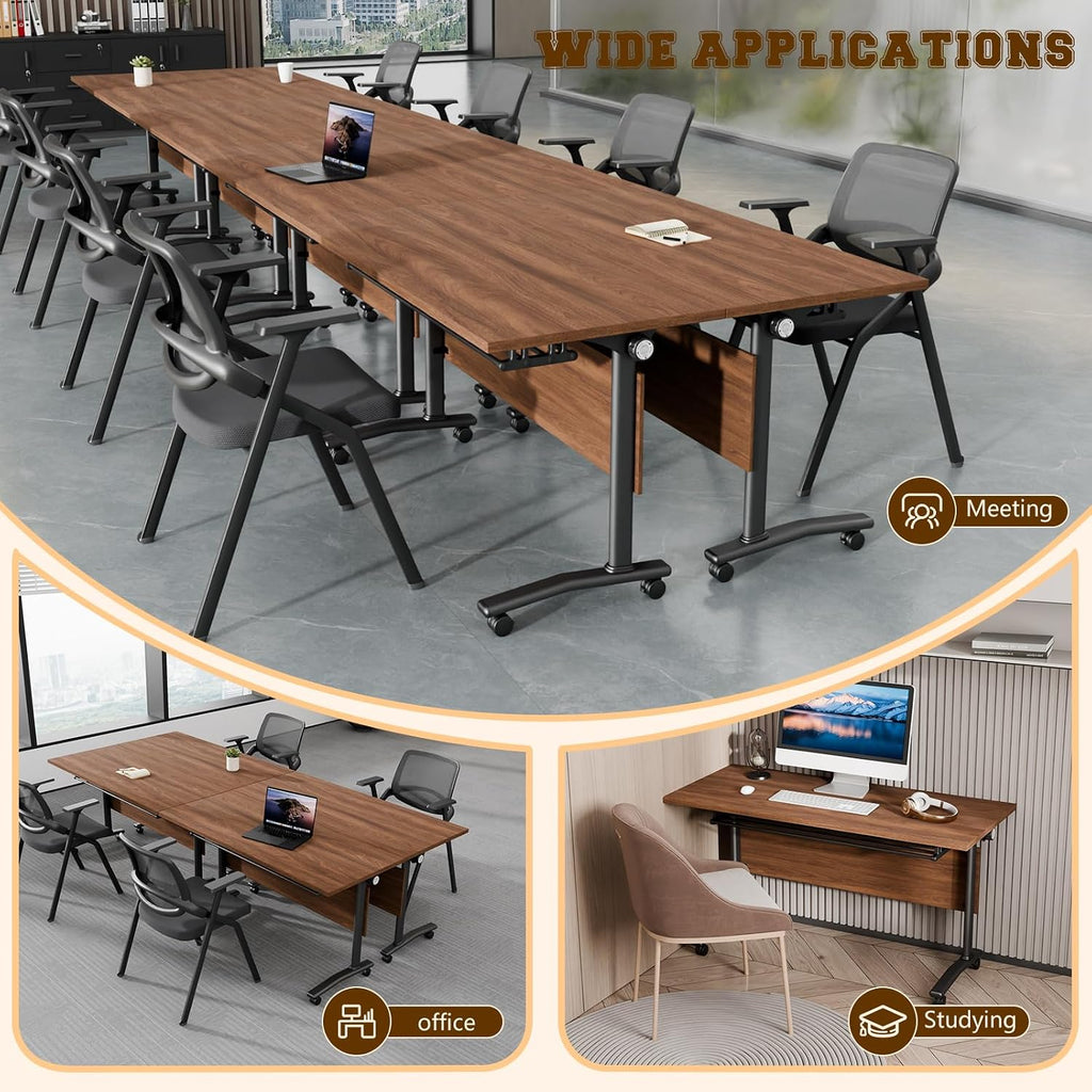 Folding Conference Table for 2-30 Person Modern Large Flip-Top Mobile Meeting Tables with Locking Wheels,Conference Room Table for Office Training Modular Seminar Table (10, Walnut, L70.9in)