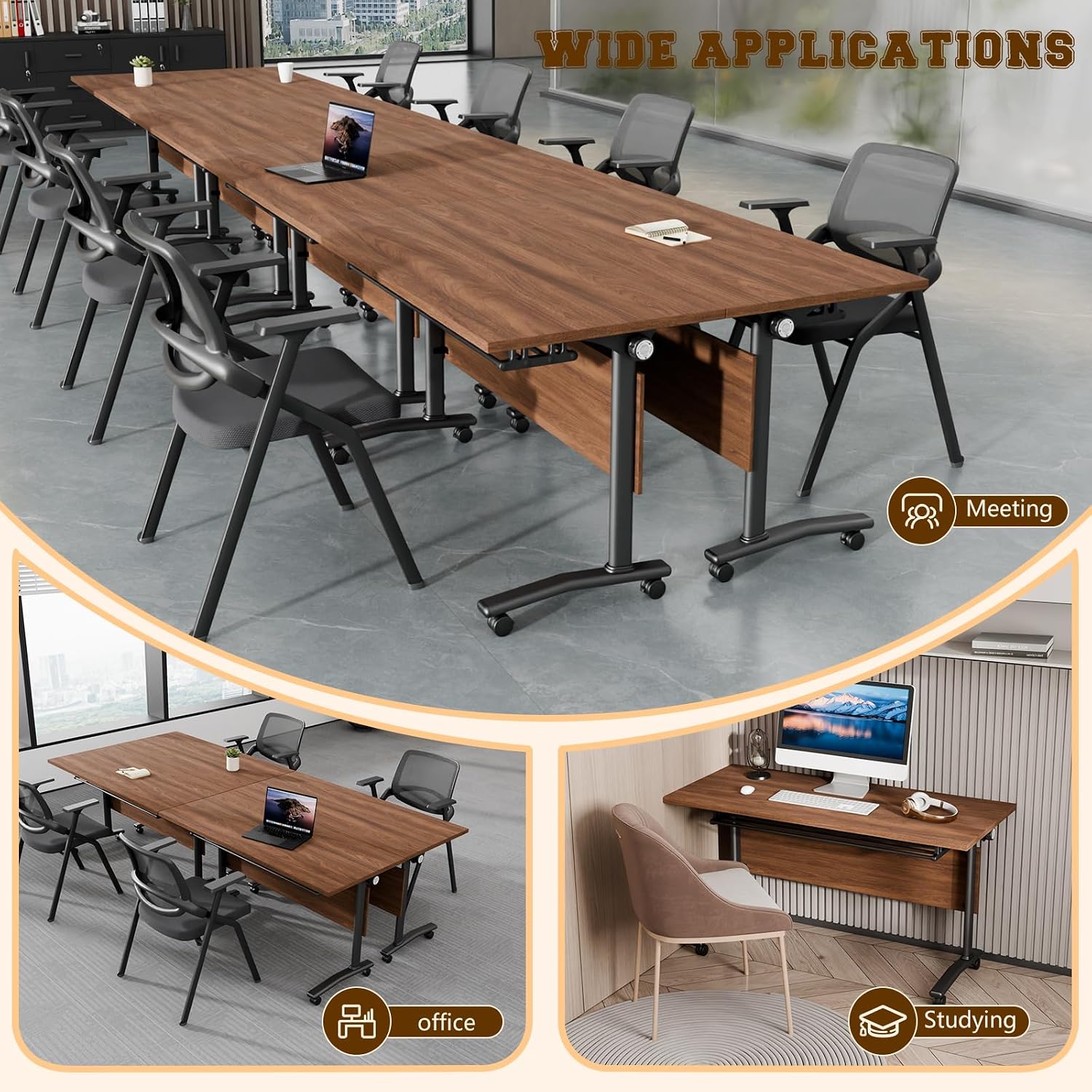 Folding Conference Table for 2-30 Person Modern Large Flip-Top Mobile Meeting Tables with Locking Wheels,Conference Room Table for Office Training Modular Seminar Table (10, Walnut, L70.9in)