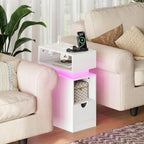 HOOBRO Narrow End Table, Floating Nightstand with LED Light Strip, with Drawer, Slim Bedside Table with Charging Station for Living Room, Bedroom, White WT204UDBZ01