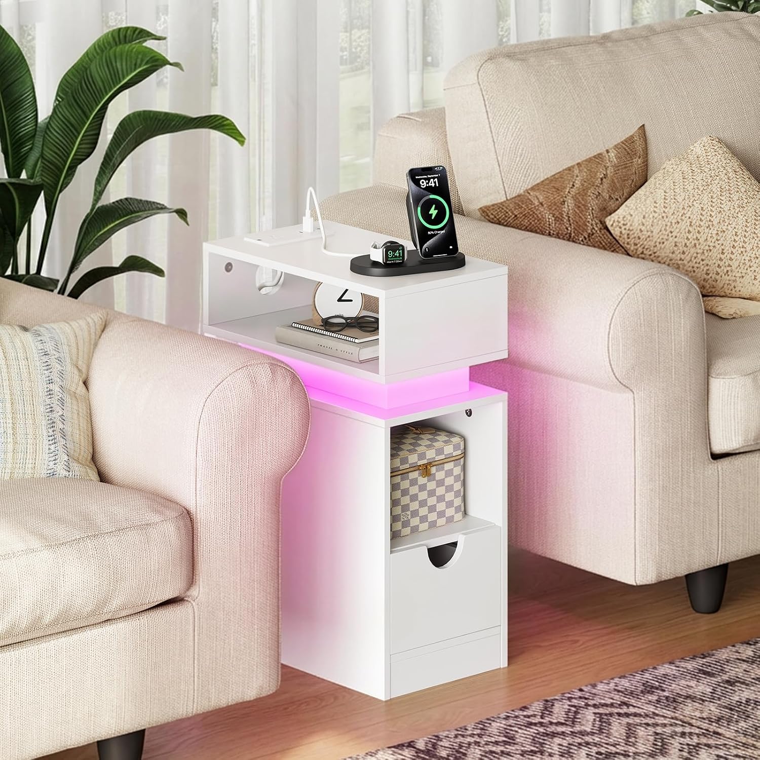 HOOBRO Narrow End Table, Floating Nightstand with LED Light Strip, with Drawer, Slim Bedside Table with Charging Station for Living Room, Bedroom, White WT204UDBZ01