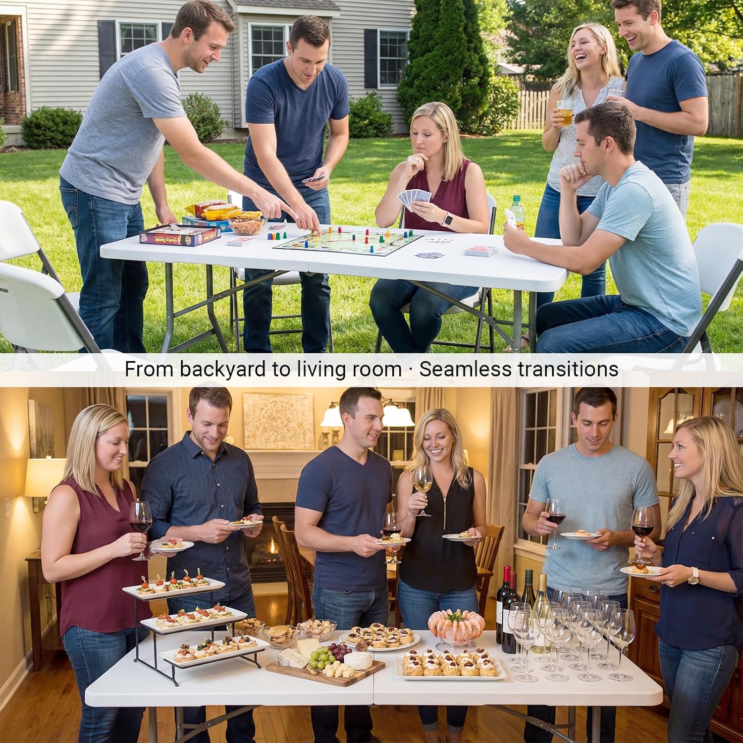 6ft Folding Table, Portable Heavy Duty Plastic Table for Party, White | Fold-in-half Design with Carry Handle,Easy Setup,Compact Storage. Supports 330 lbs for Indoor & Outdoor use,Camping, Picnic