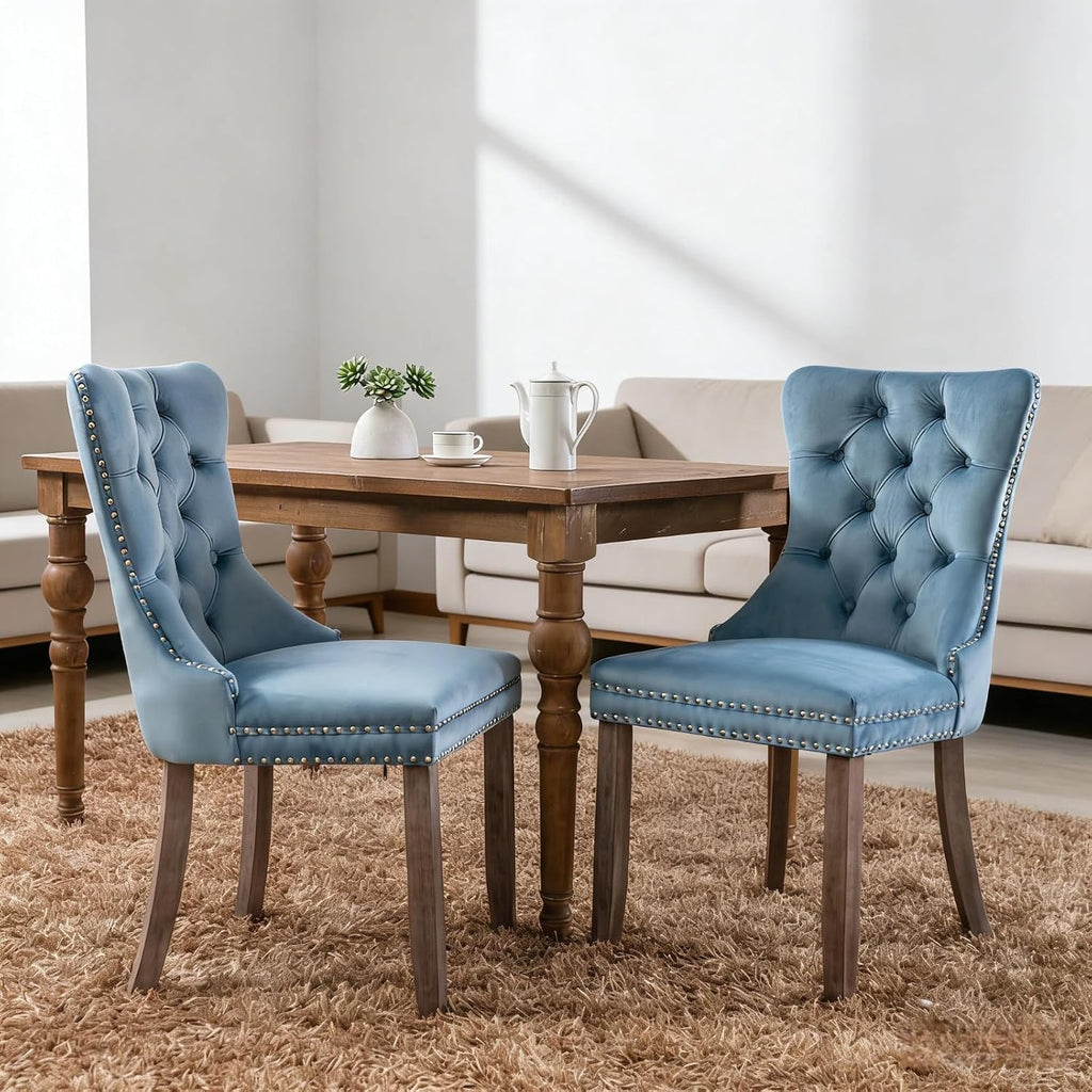 Dining Chairs Set of 2, Dining Chair with Velvet Upholstery Seat & Contoured Backrest, Solid Wood Living Room Chair with Nail Head Details, Hand-Made Pull-Up, Support up to 280 Lbs, Light Blue