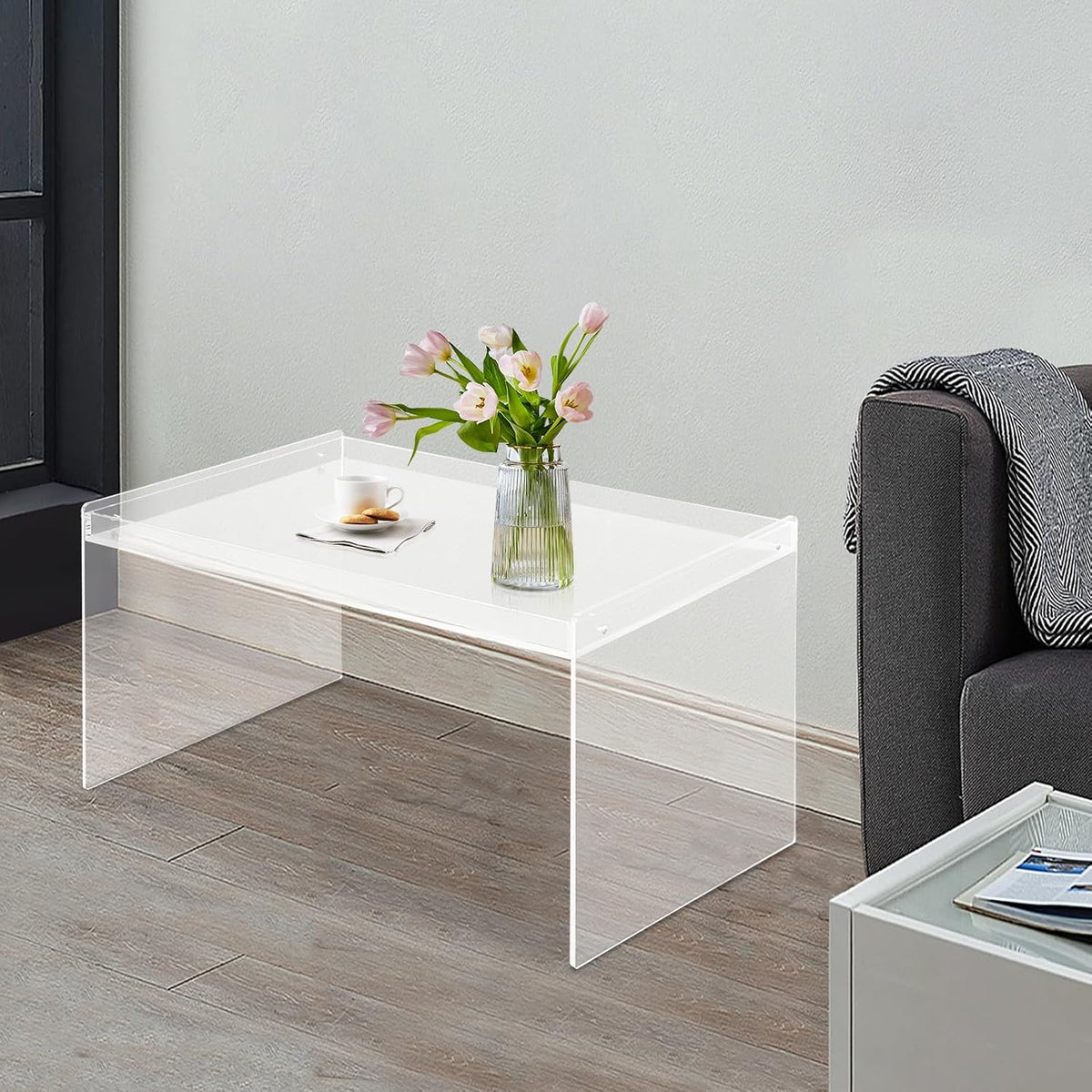 Modern Acrylic Table Clear, Rectangle Acrylic Side Table Furniture, Modern Tea Table 31.5 * 19.7 * 15.7in for Living Room, Office Reception and Bedroom(Clear)