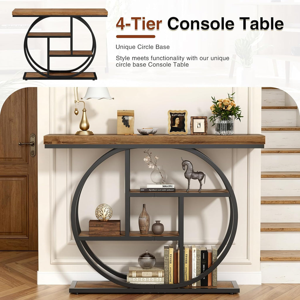 Vongrasig Console Table with Circle Base, Industrial Narrow Entryway Table with Storage, 4-Tier Wood Sofa Table for Living Room, Hallway, Rustic Brown