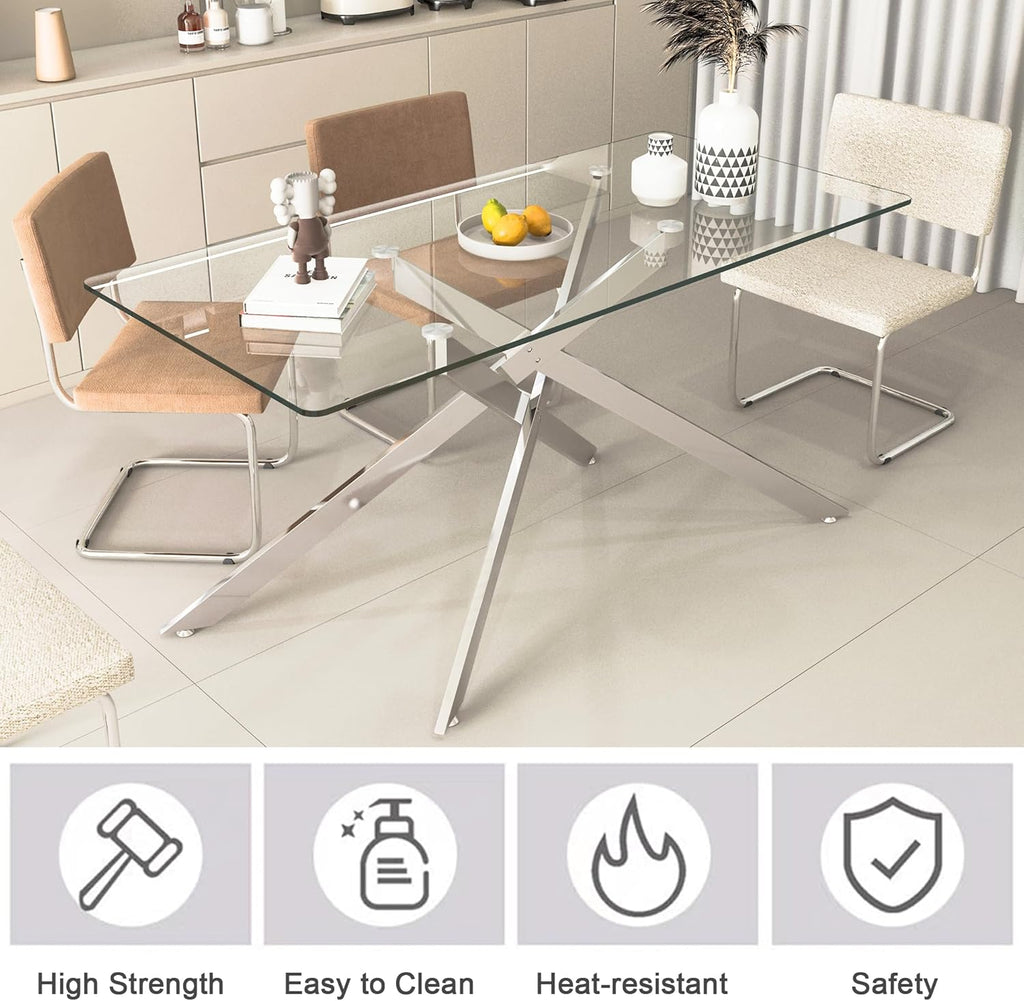 61" Rectangle Glass Dining Table for 4-6, Luxury Kitchen Table with Tempered Glass Top and Silver Metal Cross Legs, Modern Glass Dinner Table for Kitchen Dining Room Small Apartment
