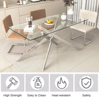 61" Rectangle Glass Dining Table for 4-6, Luxury Kitchen Table with Tempered Glass Top and Silver Metal Cross Legs, Modern Glass Dinner Table for Kitchen Dining Room Small Apartment