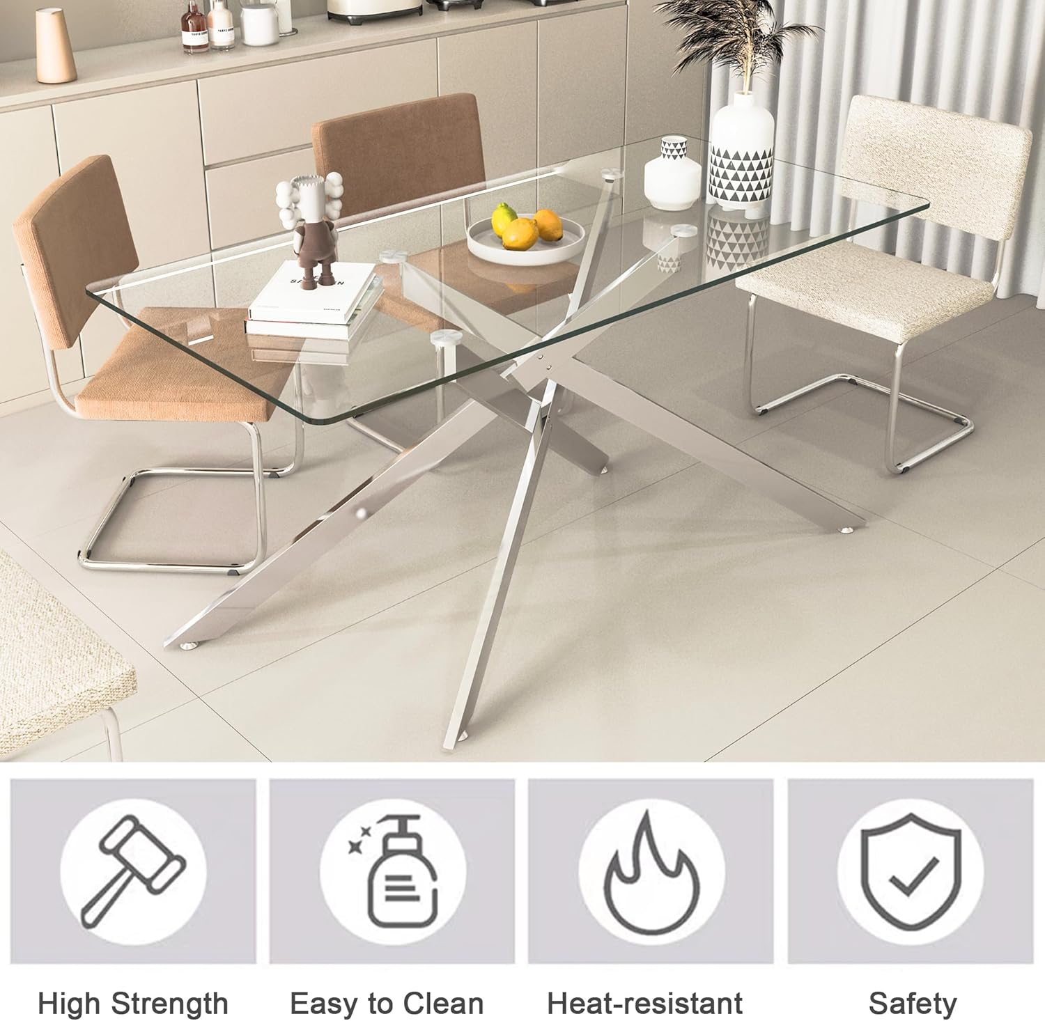 61" Rectangle Glass Dining Table for 4-6, Luxury Kitchen Table with Tempered Glass Top and Silver Metal Cross Legs, Modern Glass Dinner Table for Kitchen Dining Room Small Apartment
