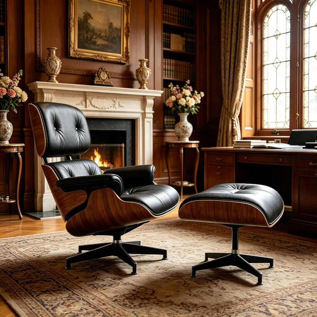 Mid Century Chaise Lounge Chair with Ottoman, Modern Retro Classic Design, PU Leather & Walnut Wood, Heavy Duty Metal Support, Comfortable for Living Room Bedroom Office（Black-Standard）