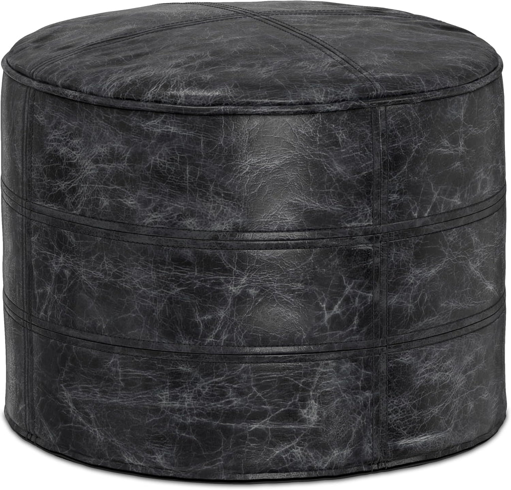 SIMPLIHOME Connor 18" Wide Round Pouf in Distressed Black Genuine Leather