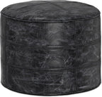 SIMPLIHOME Connor 18" Wide Round Pouf in Distressed Black Genuine Leather