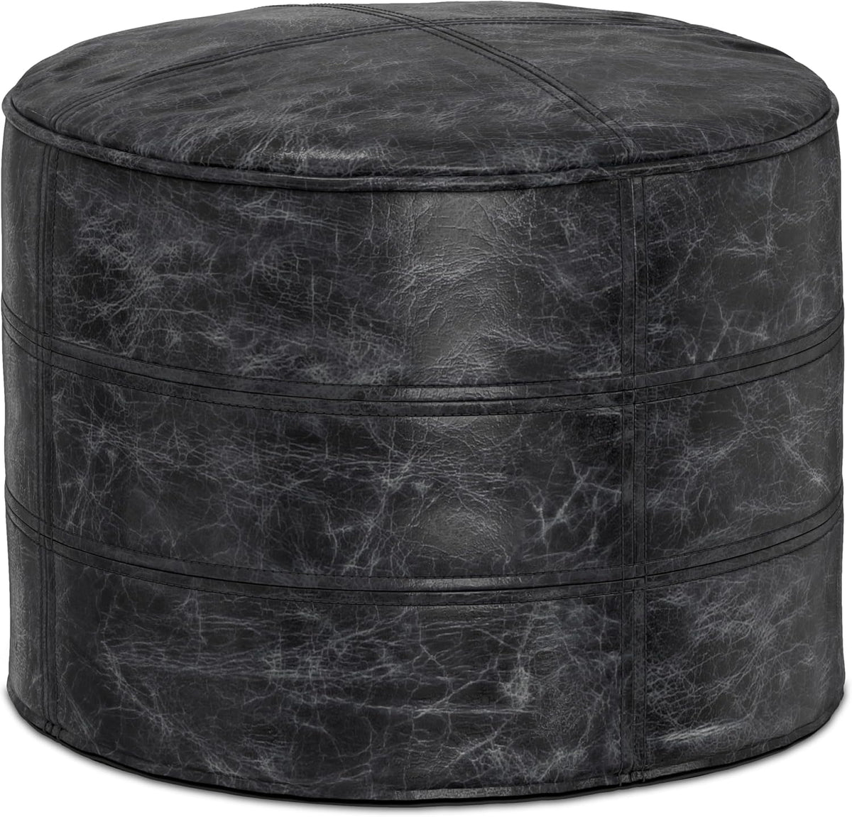 SIMPLIHOME Connor 18" Wide Round Pouf in Distressed Black Genuine Leather