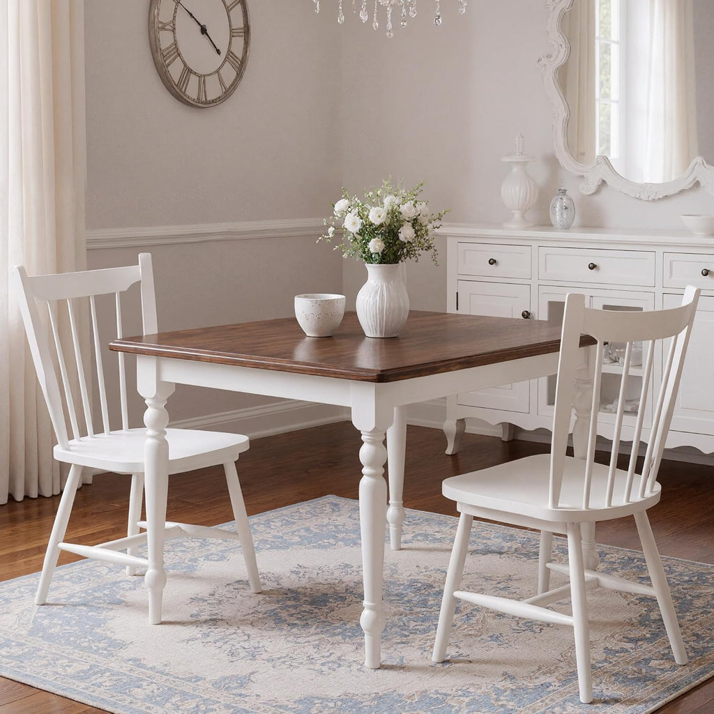 HNY White Windsor Dining Chairs Set of 2, Farmhouse Wooden Kitchen Chairs with Spindle Back, Mid Century Modern Armless Kitchen Side Chair for Dining Living Room Restaurant