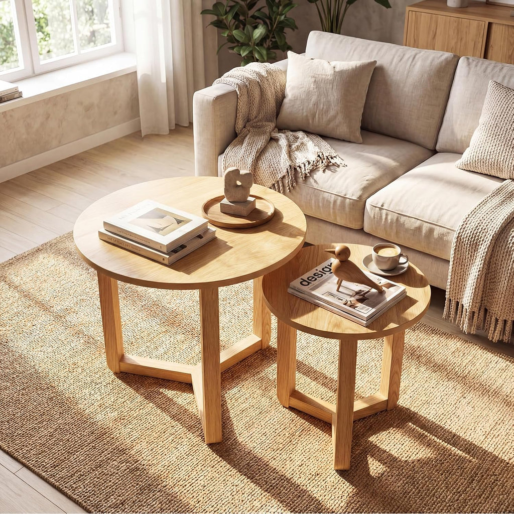 Giantex Round Nesting Coffee Table Set of 2, Wood Nesting End Tables with Thickened Top & Solid Rubber Wood Legs, Farmhouse Sofa Side Table for Small Spaces Living Room Bedroom (Natural)