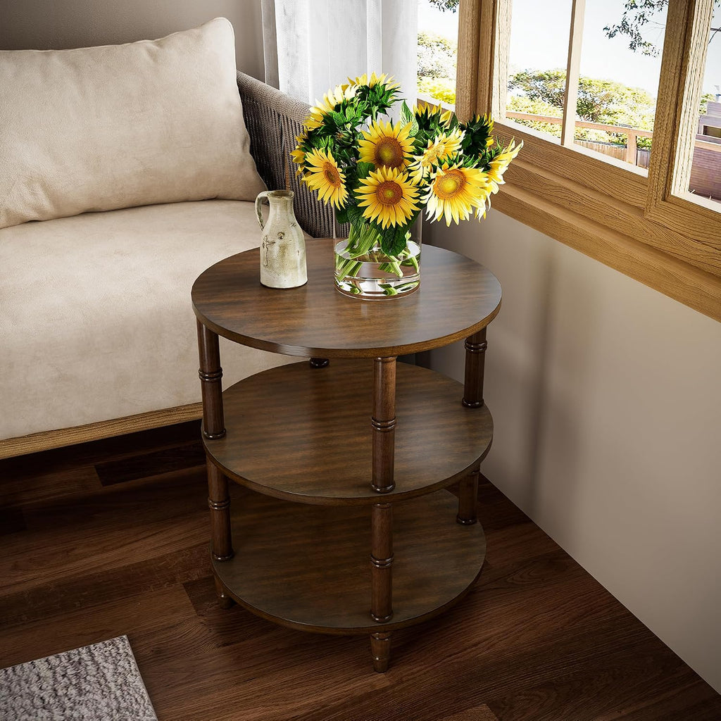 PADMA HOUSE Round Wood Small End Table with 3 Shelves, Wood Sofa Side Table with Storage for Small Spaces, Accent Couch End Tables for Living Room, Bedroom,19.7"*23.6"-Walnut