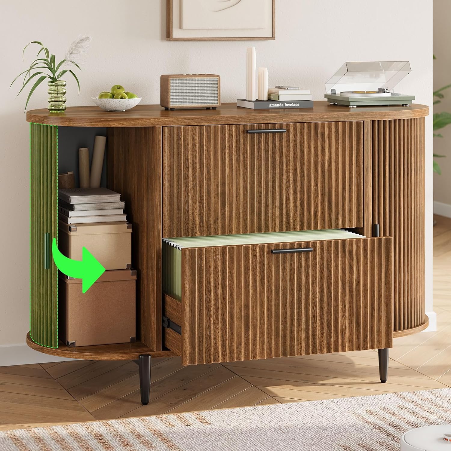 SEDETA Fluted 2 Drawer File Cabinet with 2 Sliding Door for Home Office | 39.4" Filing Cabinet for Home Office,fit Legal/Letter/A4 Siz,Modern File Cabinet with 2 Drawers,Printer Stand,Brown