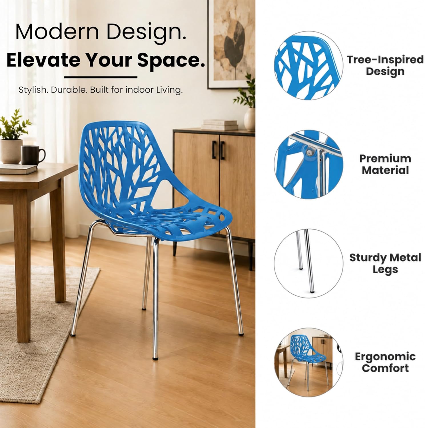 LeisureMod Asbury Modern Dining Chair, Blue, Polypropylene Seat | Chrome Legs, Comfortable Solid Back, Kitchen and Dining Room, Affordable Contemporary Seating