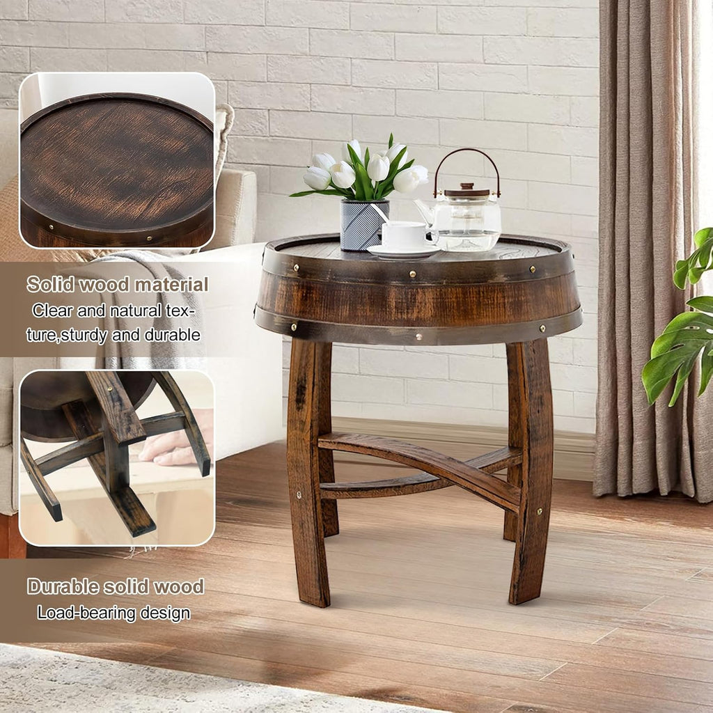 Whiskey Barrel End Table,Round Wood Wine Barrel Side Table Outdoor,Rustic Wine Barrel Bourbon Barrel Coffee Table for Small Spaces,Oak Barrel Decor Furniture for Living Room Bedroom