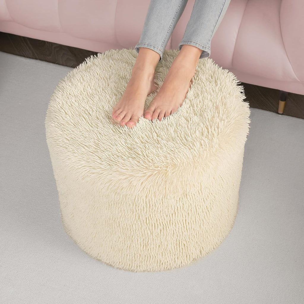 Hansleep Round Pouf Ottoman Foot Rest, Footstool, 17 x 14 Inch, Beige | High-Density One-Piece Foam, Firm & Stable, for Couch, Bedroom, Living Room, Mechine Washable Cover
