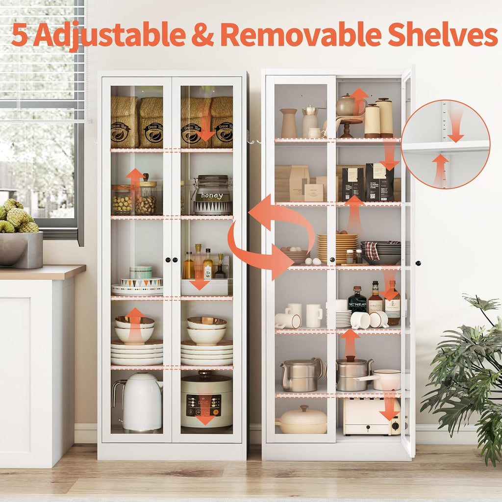 IKIMI 72" Metal Storage Cabinets with Glass Doors and 5 Shelves,White Kitchen Pantry Cabinet,Freestanding Steel Cupboard Display Cabinets for Kitchen,Living,Dining Room,Bathroom,Assembly Required
