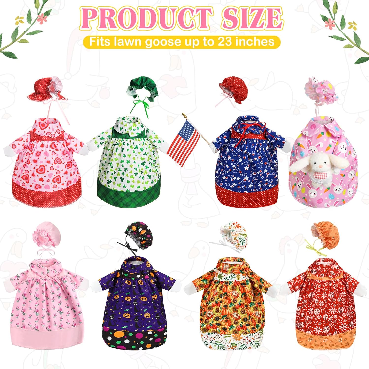 8 Set Seasonal Holiday Goose Outfits Fall Halloween Christmas Summer All Seasons Lawn Porch Goose Clothes Costume for 23" Cement Statue Garden Patio Outdoor Decoration(Girl Style)