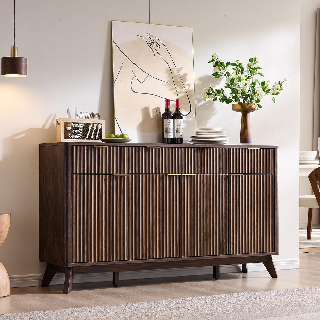 T4TREAM 60 Inch Fluted Buffet Sideboard Cabinet, Dark Walnut | Modern Coffee Bar Storage Cabinet With 3 Drawers & 4 Doors, for Dining Room, Living Room, Hallway, Adjustable shelves