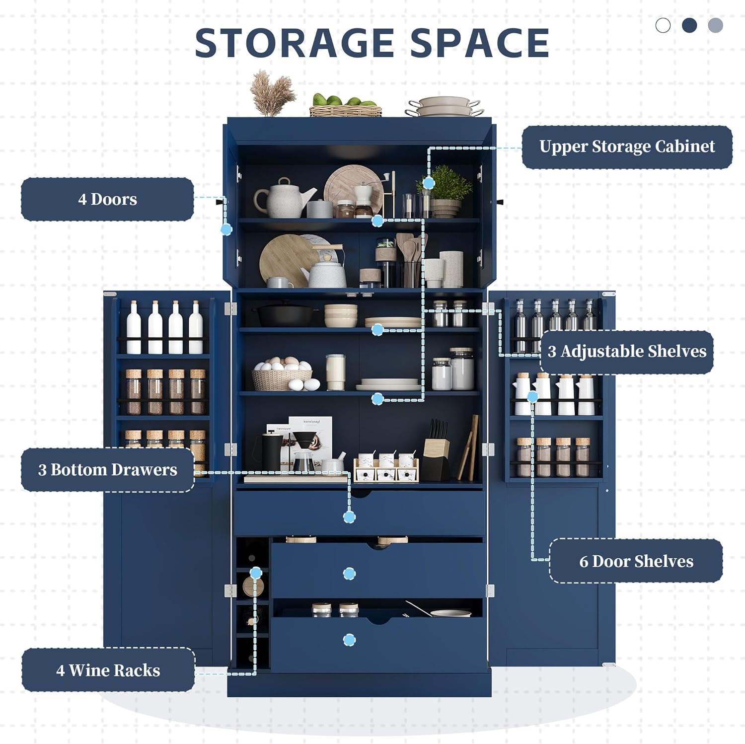 Merax 77'' Tall Freestanding Kitchen Pantry, 35''Lx17.7''W Modern Shaker Style Cupboard Storage Cabinet with Adjustable Shelves,Door Shelves, Drawers and Wine Racks, Blue