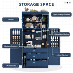 Merax 77''Tall Freestanding Kitchen Pantry,Farmhouse Tall Storage Cabinet with 2 Standard Plugs and 2 USB Ports,Wood Food Pantry with Adjustable Shelves,Door Shelves, Drawers and Wine Racks,Blue