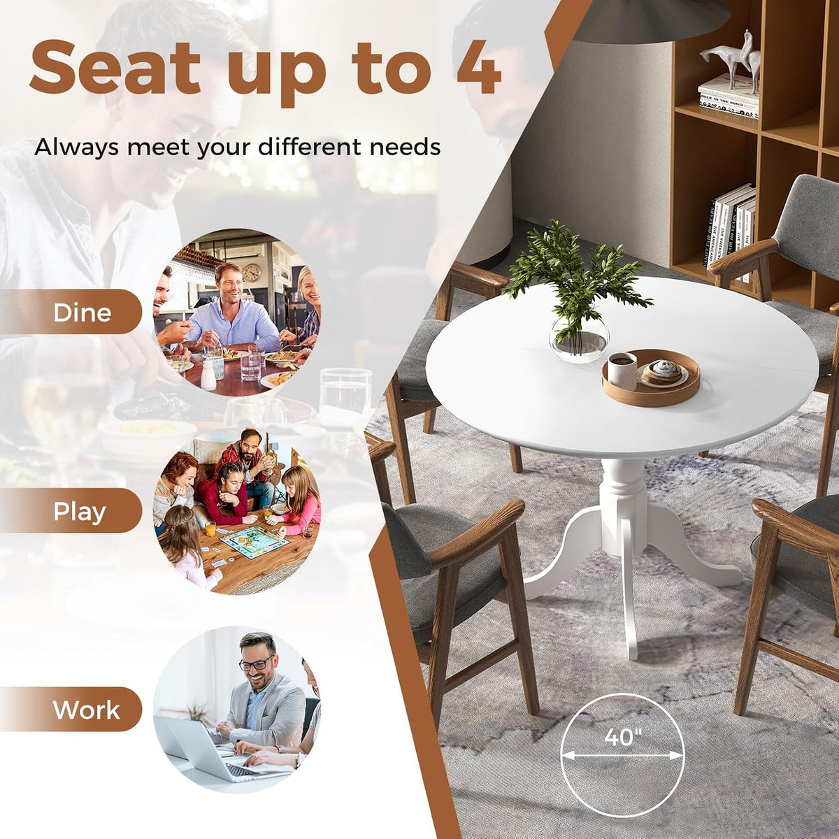 Giantex Round Dining Table, 39" D X 29" H, Rubber Wood Pedestal Table W/Round Tabletop & Curved Trestle Legs, 4-Person Dinner Table for Kitchen, Dining Room, Restaurant (White)