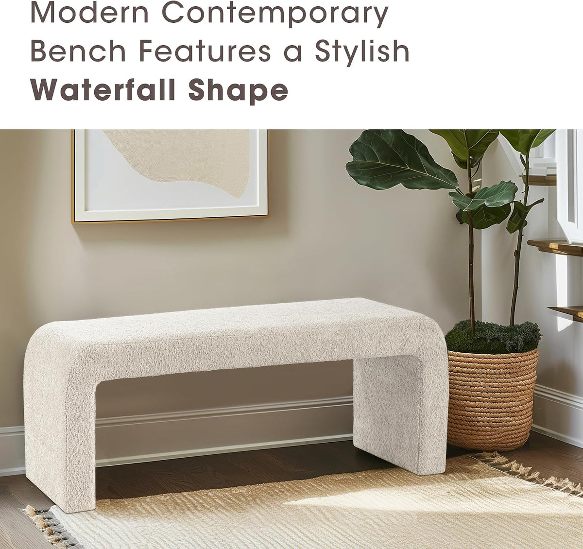 Ink+Ivy Steve Entryway Accent Bench Padded, Cozy Plush Boucle Upholstered Bench for Living Room, Modern Curved Corner Compact Bed End Bench for Bedroom, Indoor Seating, Fully Assembled, 42" W Cream