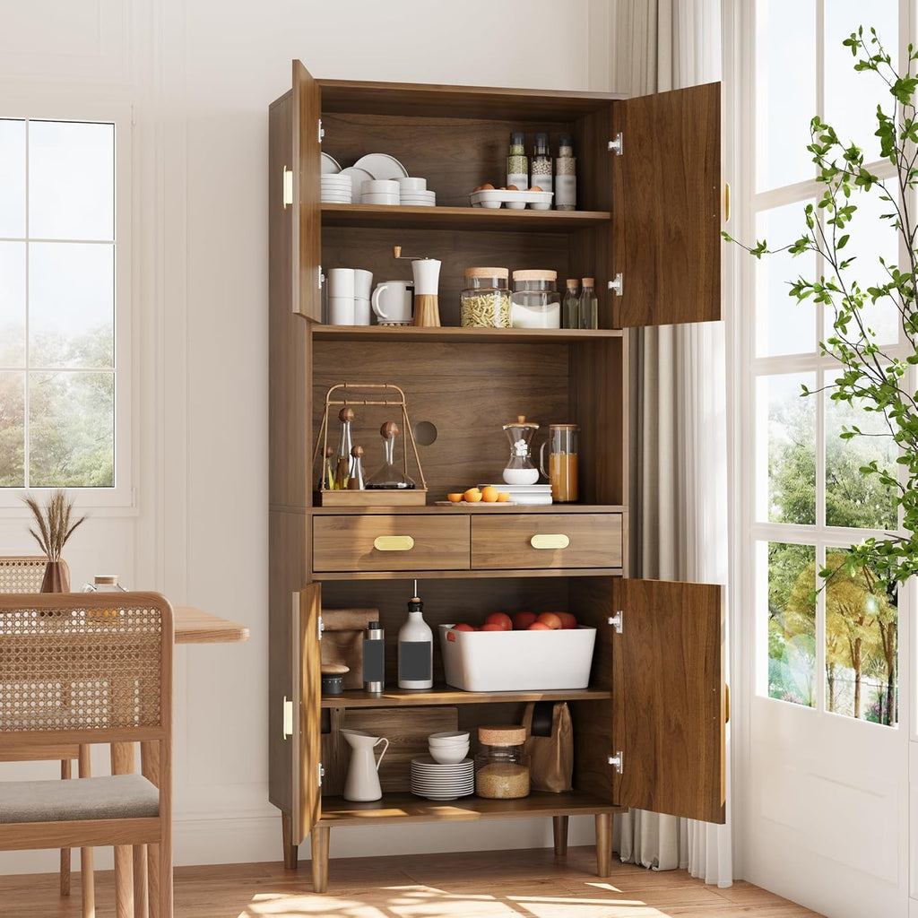 Smuxee 70.87" Walnut Kitchen Pantry Cabinet, Tall Food Pantry Cabinet with Line Groove Design, Kitchen Hutch with Microwave Stand for Dining Room, Living Room, Bar