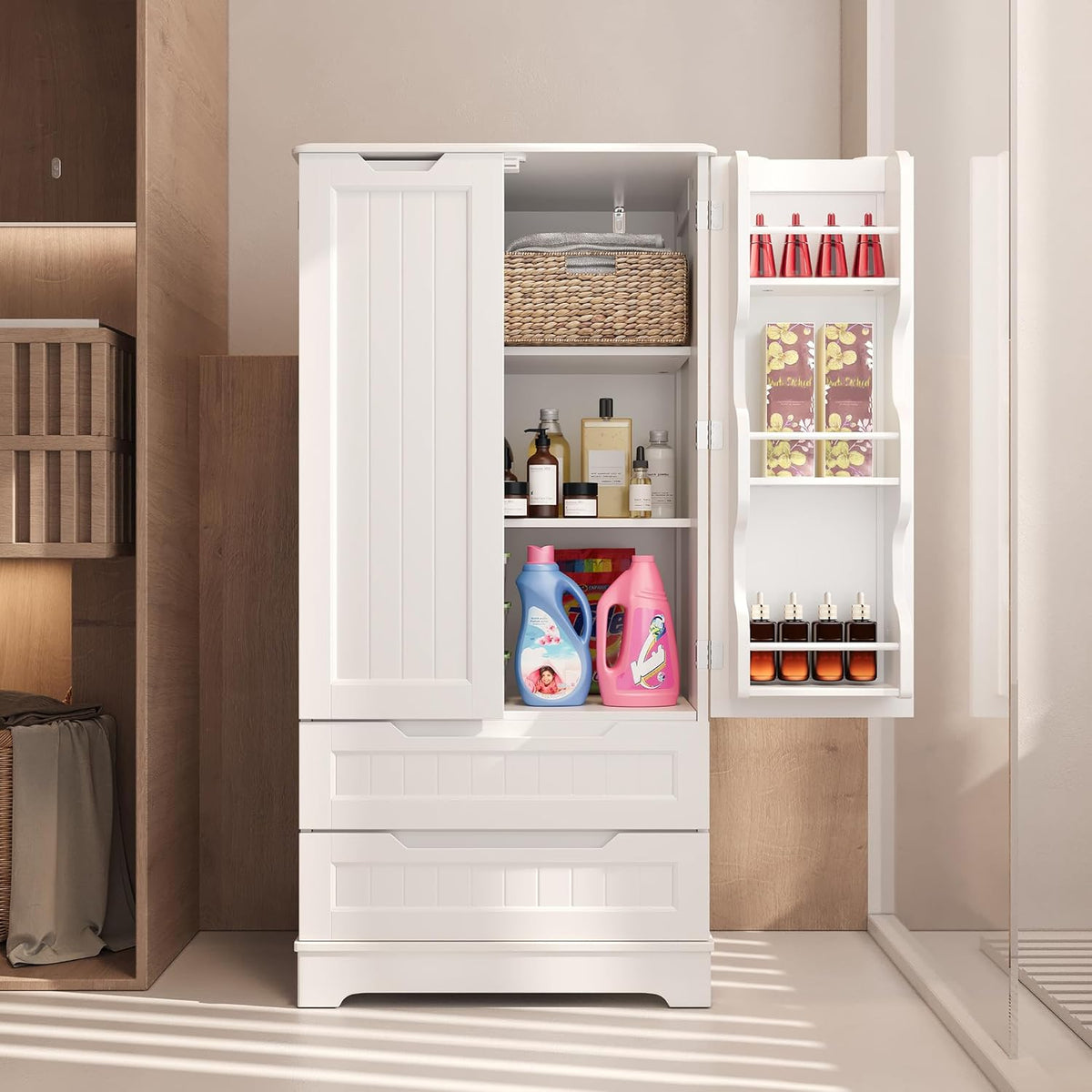 Gizoon Kitchen Pantry Cabinet with Drawers for Ding Room, 47" Small Food Pantry Storage Cabinet with 6 Door Shelves for Snack and Spice, Craft Storage Cabinet for Craft Room, White, Painted