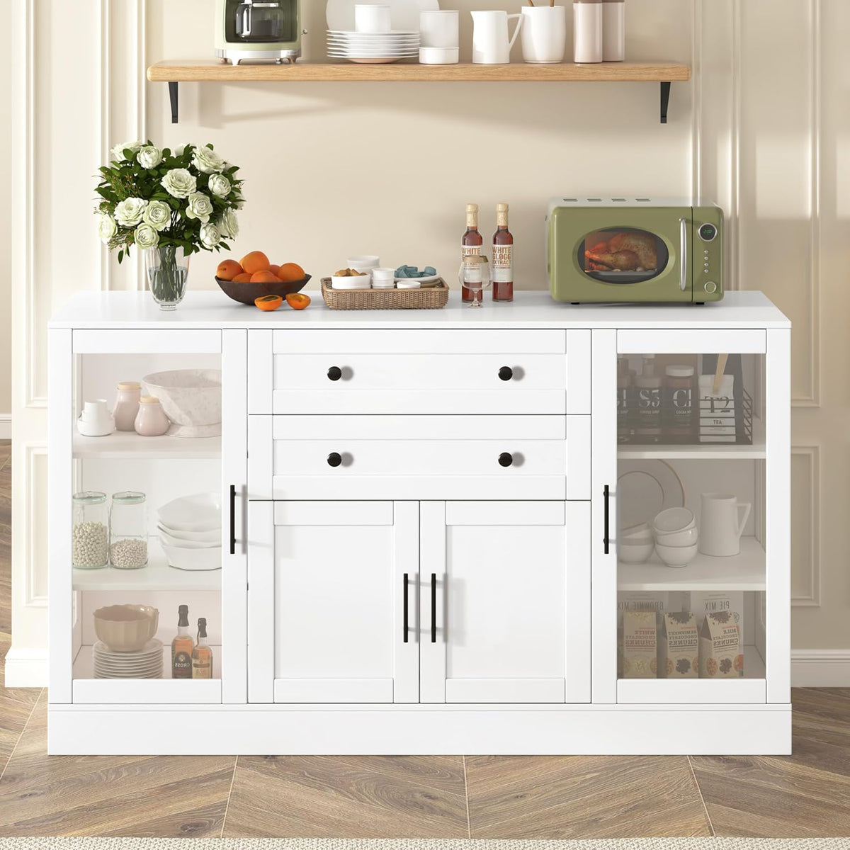 58.3" Modern Buffet Sideboard with 4 Doors & 2 Drawers, Modern Buffet Cabinet with Storage Adjustable Shelves, Power Outlet, Acrylic Panels, Storage for Dining Room, Living Room and Kitchen (White)
