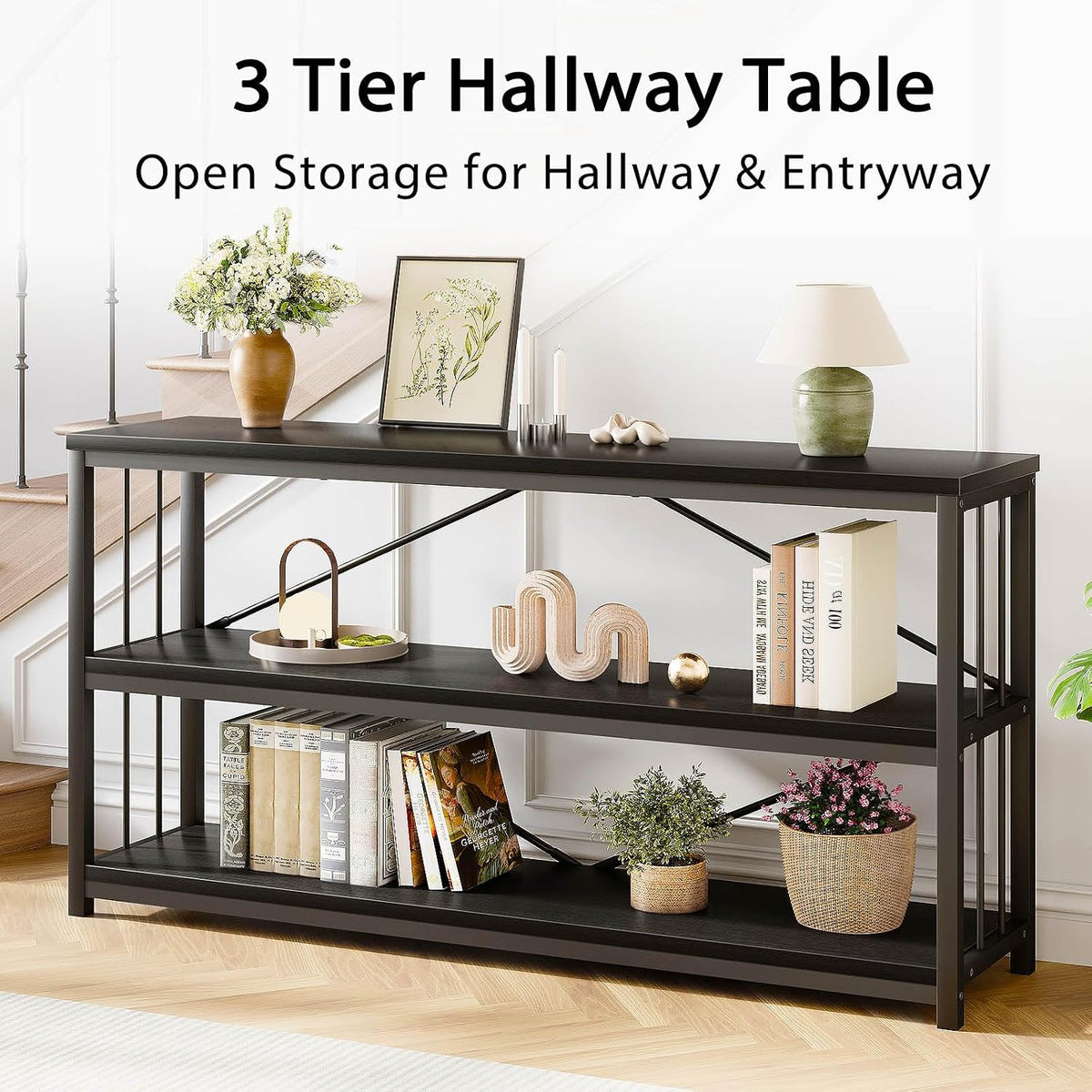 LVB Farmhouse Industrial Console Table for Home, Black Oak, 70 Inch | Wood Metal Foyer Entryway Sofa Tables with Storage, 3 Tier Long Rustic Entry Table TV Stand with Shelves for Home Living Room