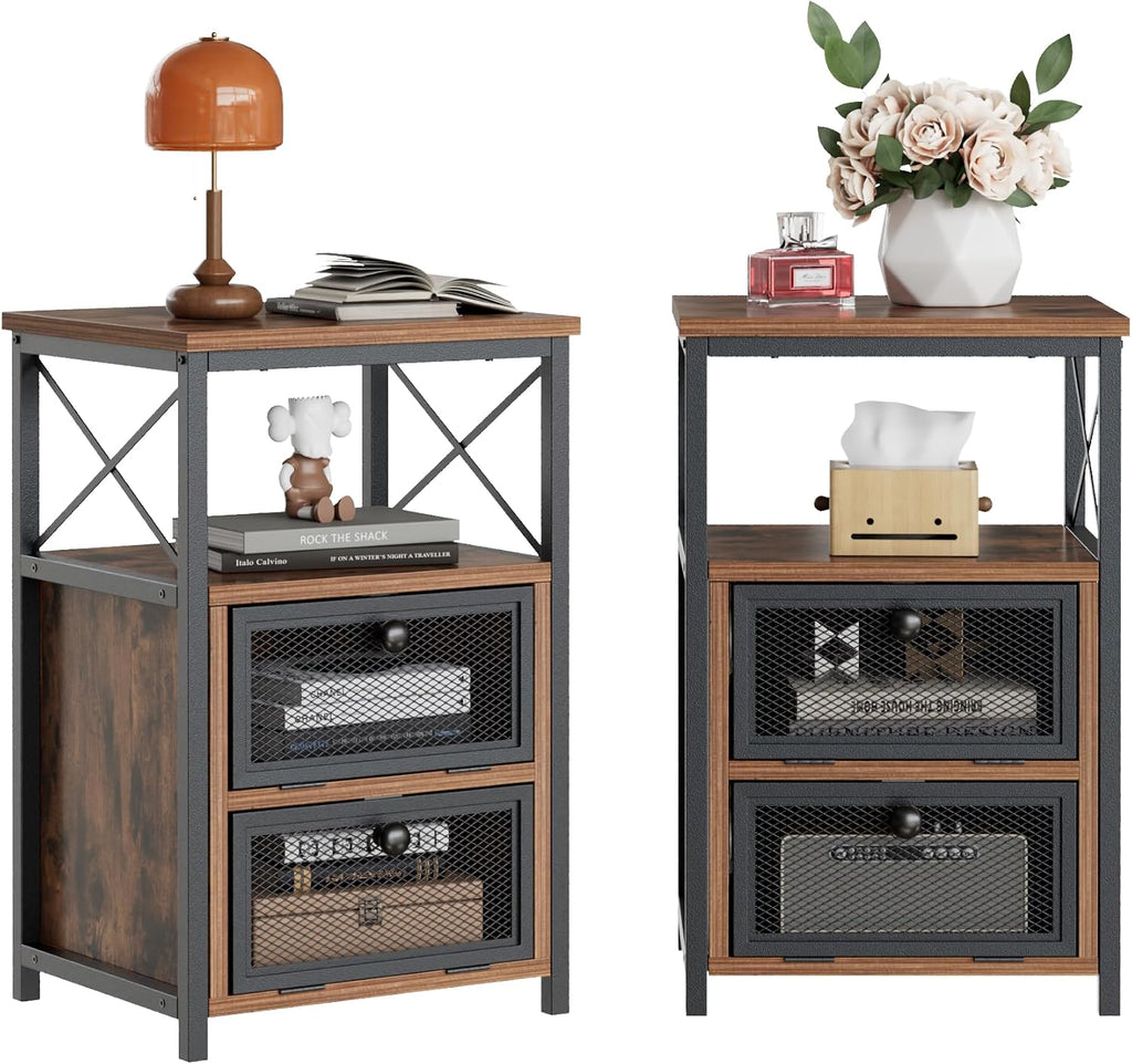 VECELO End Side Table, Modern Night Stand with Storage Space and Door, Set of 2 Nightstands for Living Room,Bedroom,Lounge, Rustic Brown