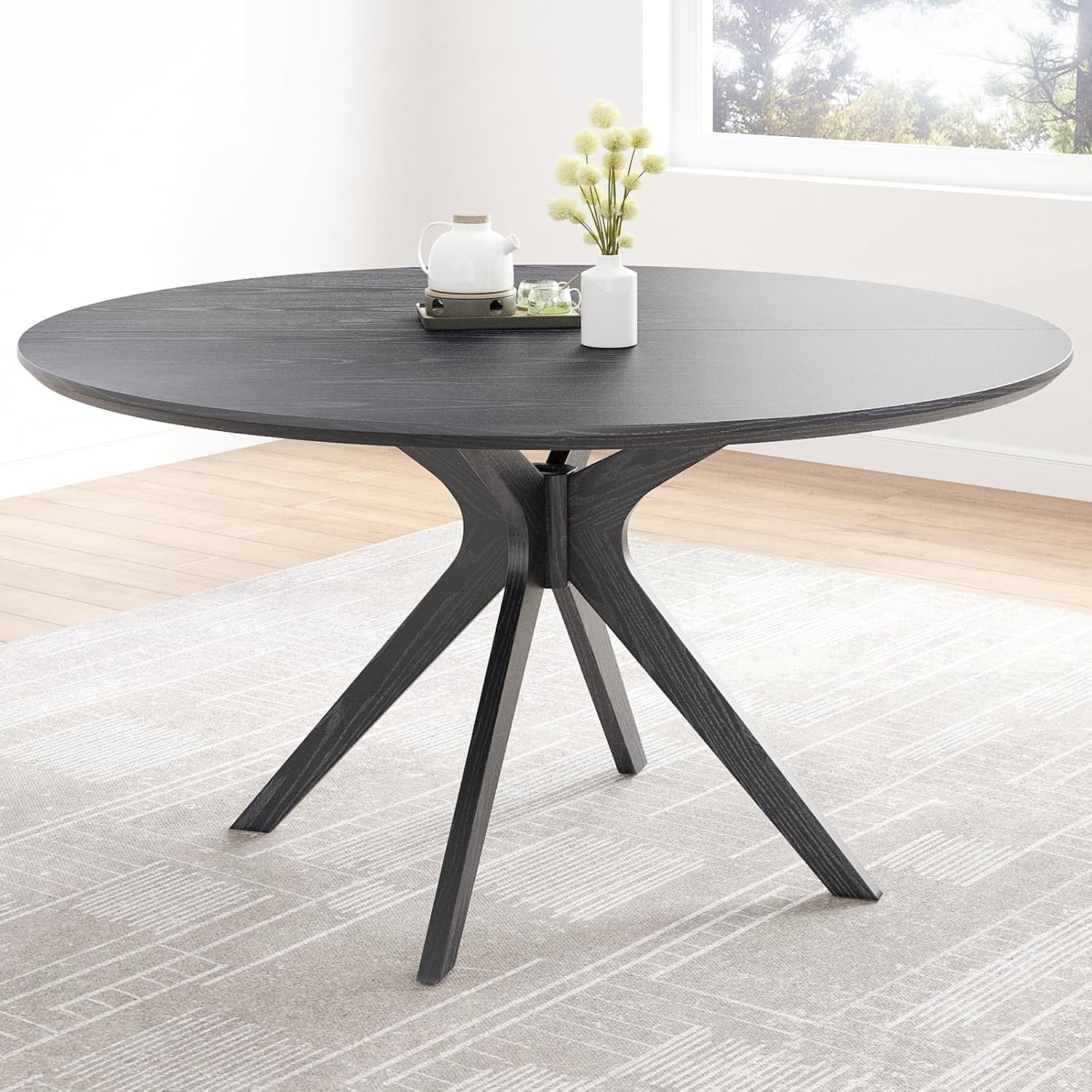 Round Dining Table 47 in for 4 to 6 People, Solid Wood Kitchen Table with Intersecting Pedestal Base and Floor Protection, Modern Round Dining Room Table for Apartment or Nook, Black