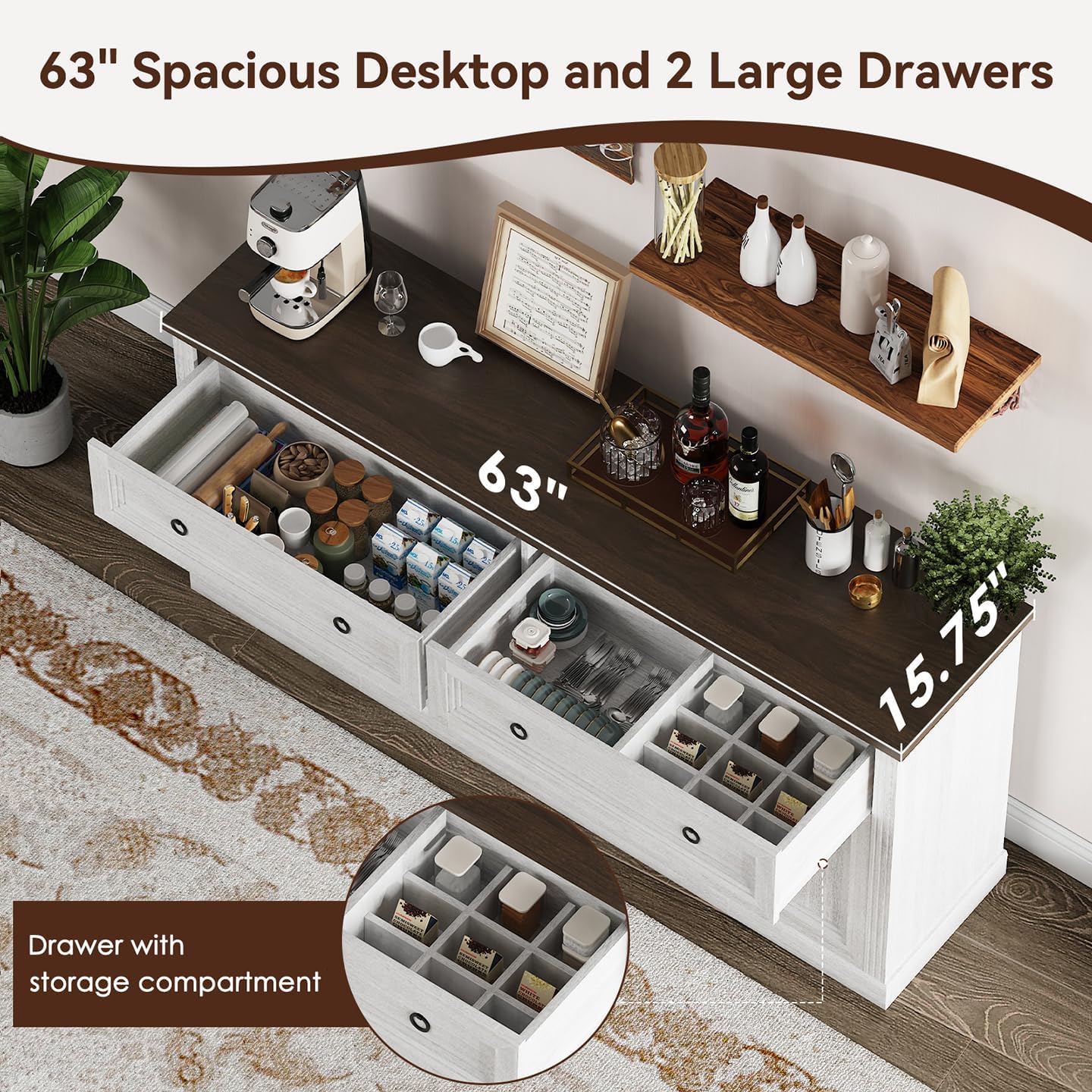 63'' Sideboard Buffet Cabinet with Storage, Modern Credenza with Outlets & LED Light, 2 Drawers, 4 Doors, Adjustable Shelves, Coffee Bar Cabinet for Kitchen Living Room, Antique White