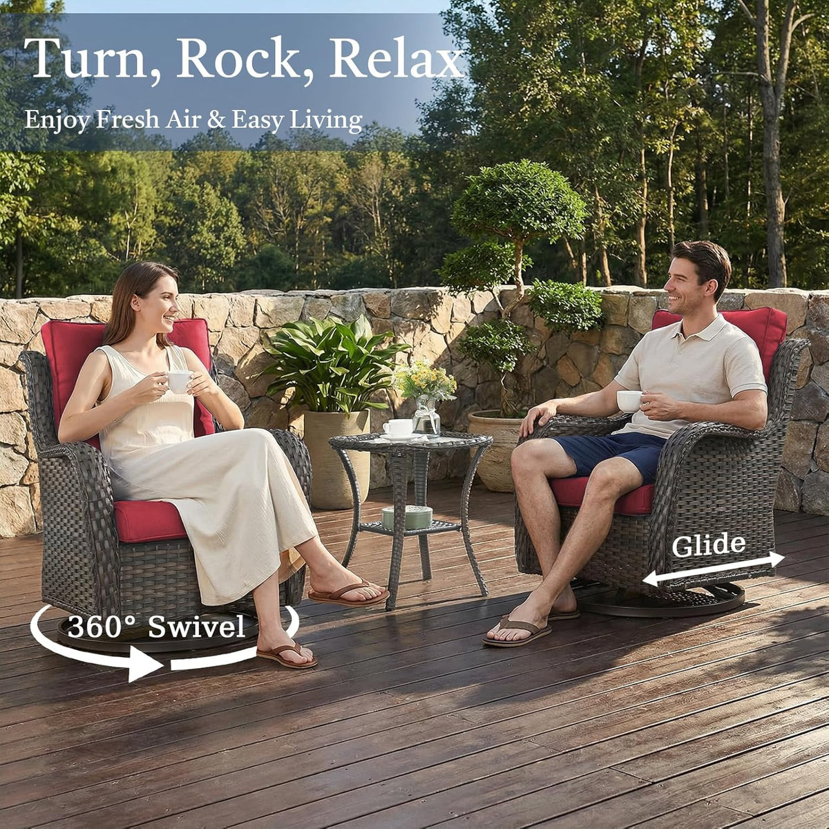 Outdoor Swivel Rocker Patio Chairs with Side Table 3 Pieces PE Wicker Patio Furniture Set for Porch Deck Balcony Garden-Brown/Red