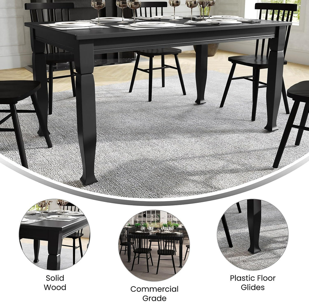 Flash Furniture Grace 60" Solid Wood Dining Table, Commercial Grade Heavy Duty Wood Table, Decorative Turned Legs, Water Resistant Finish, Seating for 6, Black