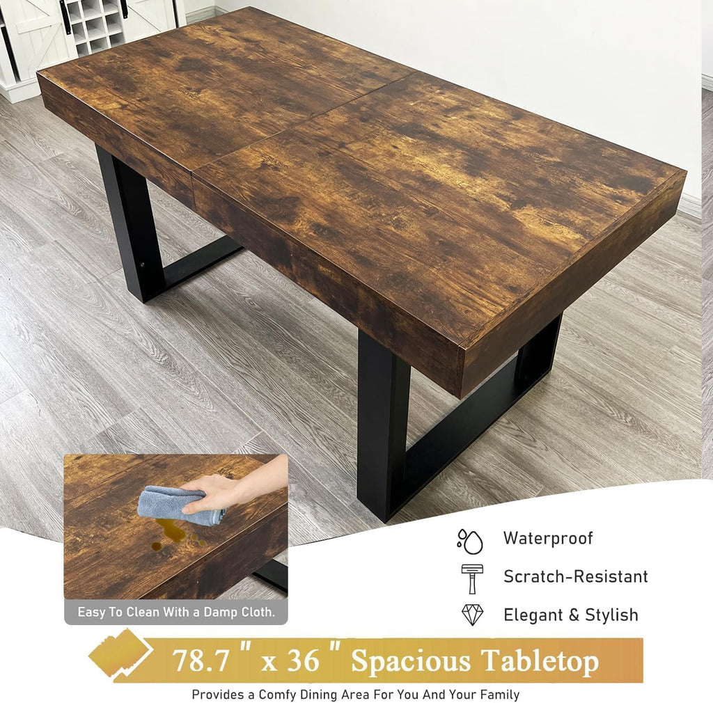 7-Piece Extendable Dining Table Set for 6, 63-78 Inch Rustic Brown Kitchen Table Set with 6 Grey Tufted Chairs Farmhouse Wood Expandable Dining Room Table Set 6 for Kitchen Dining