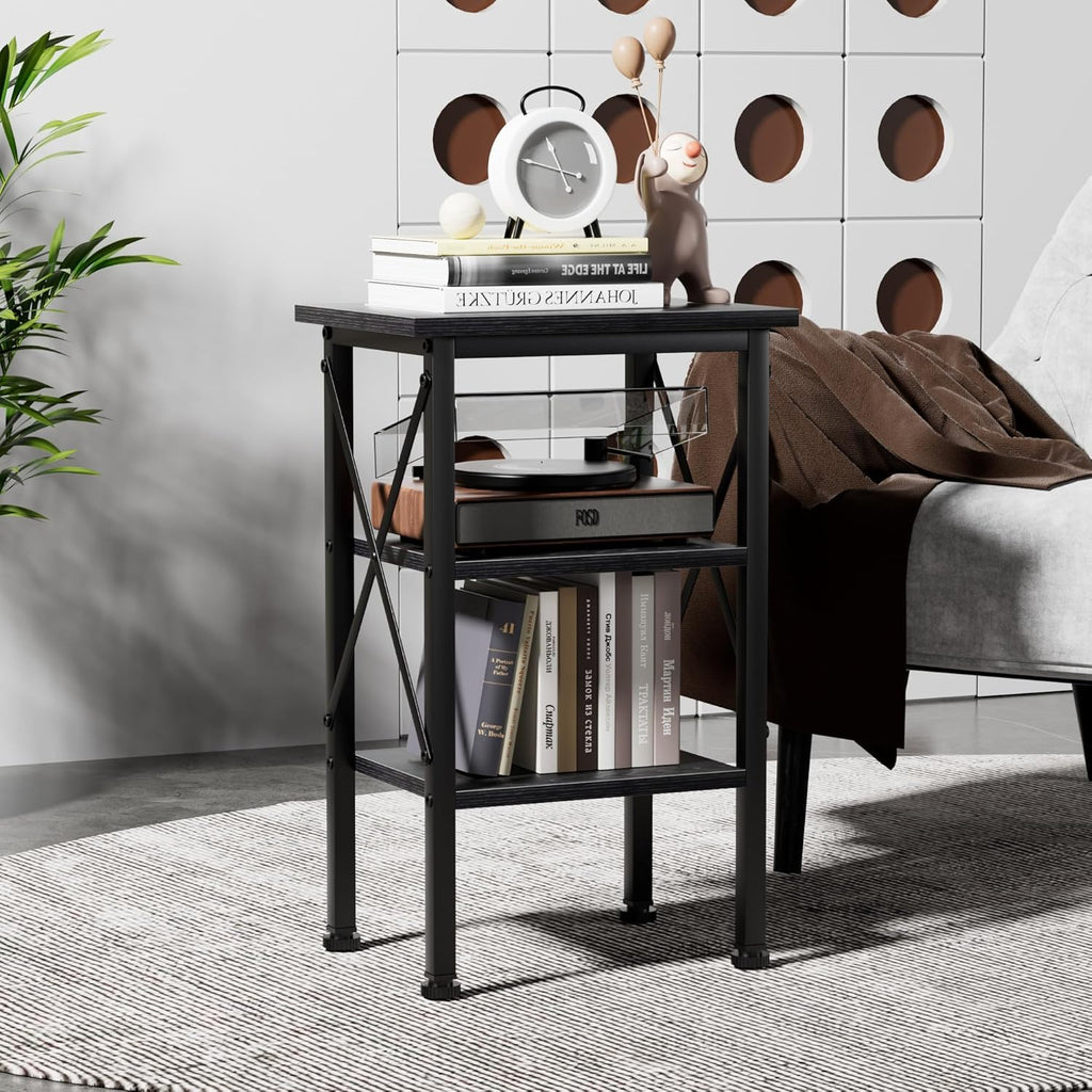 VECELO End Side Table Night Stand,X-Design with Storage Shelf for Bedroom,Living Room,Black