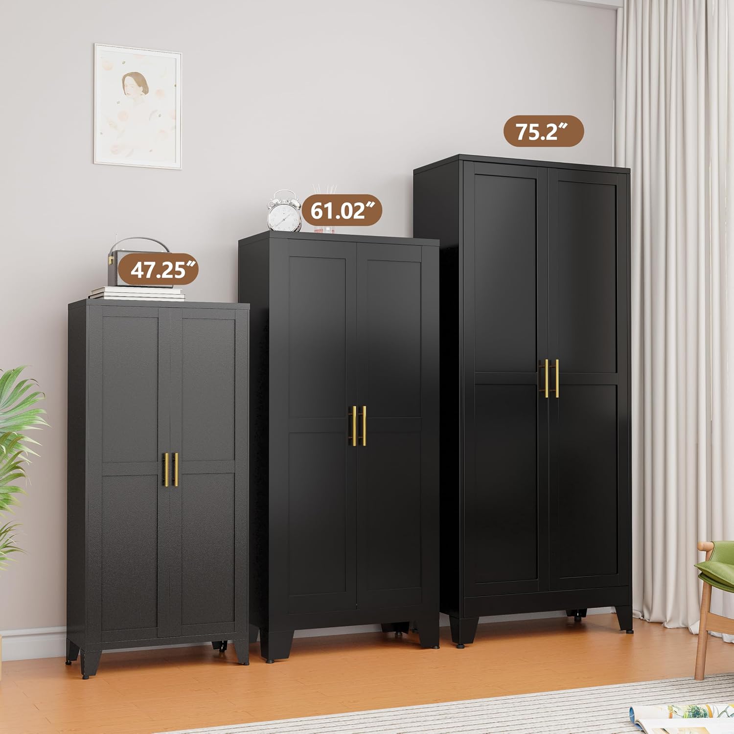 PAOFIN Metal Kitchen Pantry Storage Cabinet with 2 Doors and 3 Adjustable Shelves,Pantry Cabinet with Adjustable Leveling Foot for Kitchen, Living Room, Dining Room（Black）