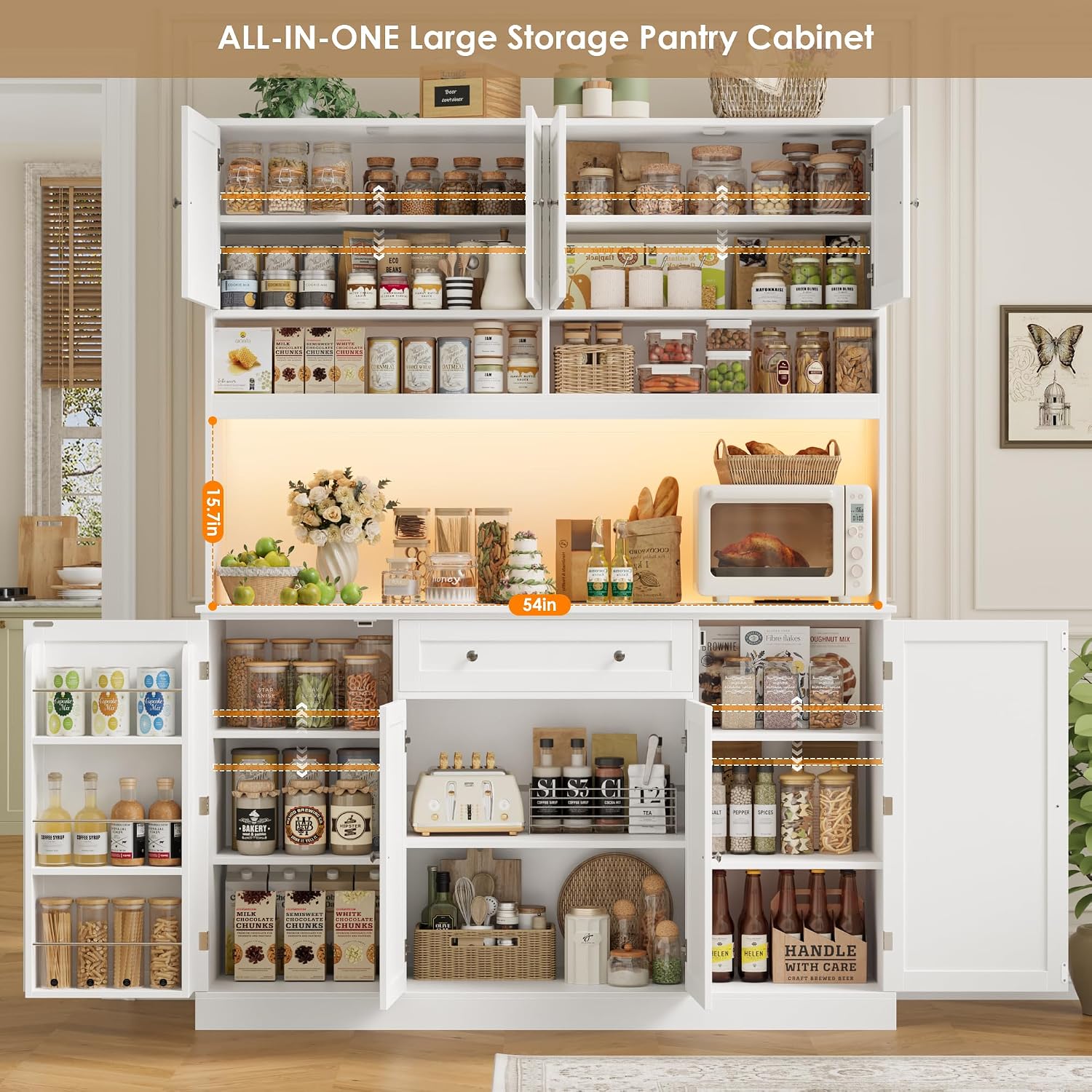 HIFIT 72.8”Hx55”W Pantry Cabinet with LED & Charging Station, Kitchen Hutch | Farmhouse Coffee Bar Cabinet with Storage Drawer, Large Countertop, Swing-Out Door, Hutch Cabinet with Storage, White
