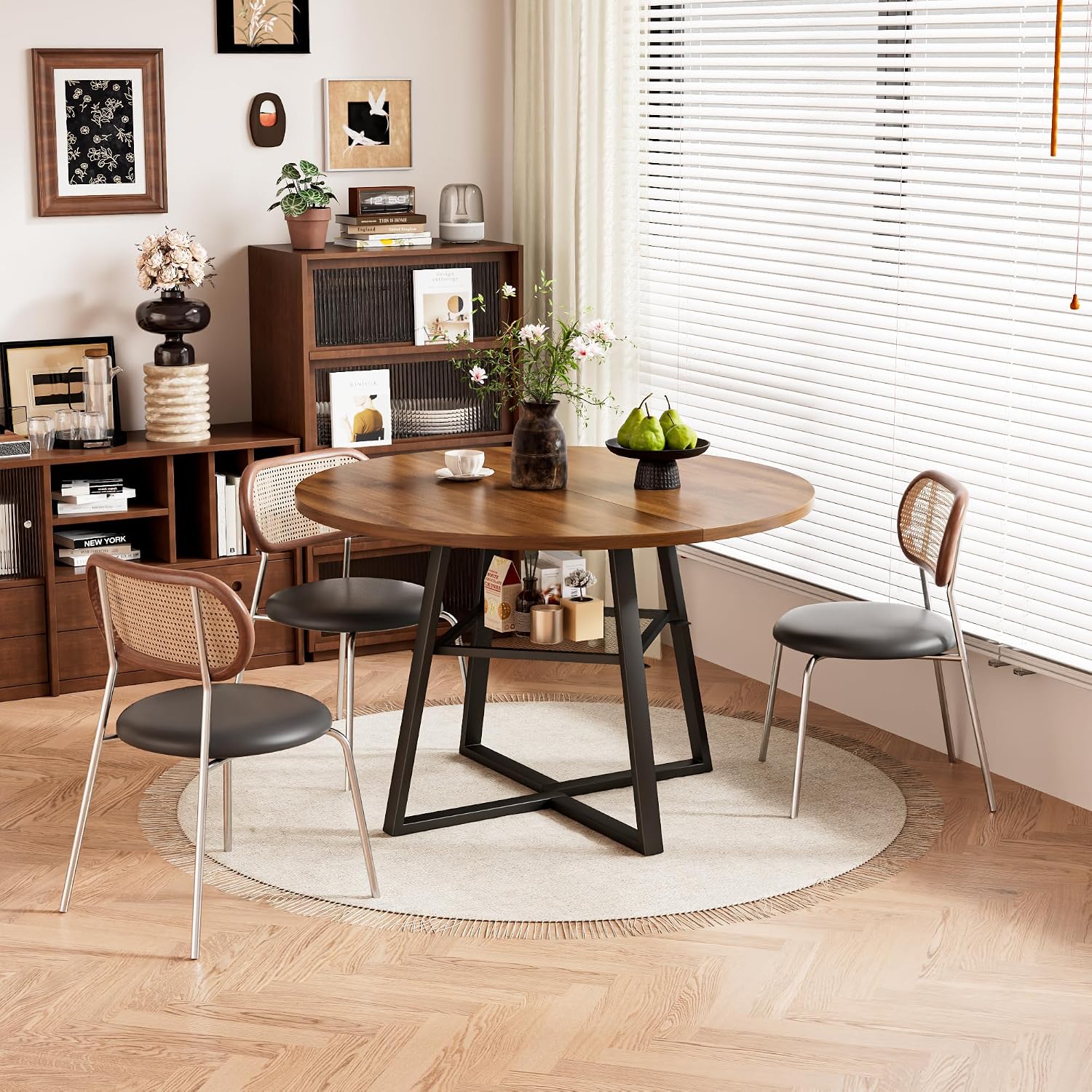47 Inch Round Dining Table for 4-6, Space Saving Circle Kitchen Table with Storage, Mid Century Modern Dinner Table with Metal Legs, Wooden Farmhouse Dining Room Table for Living Room, Walnut