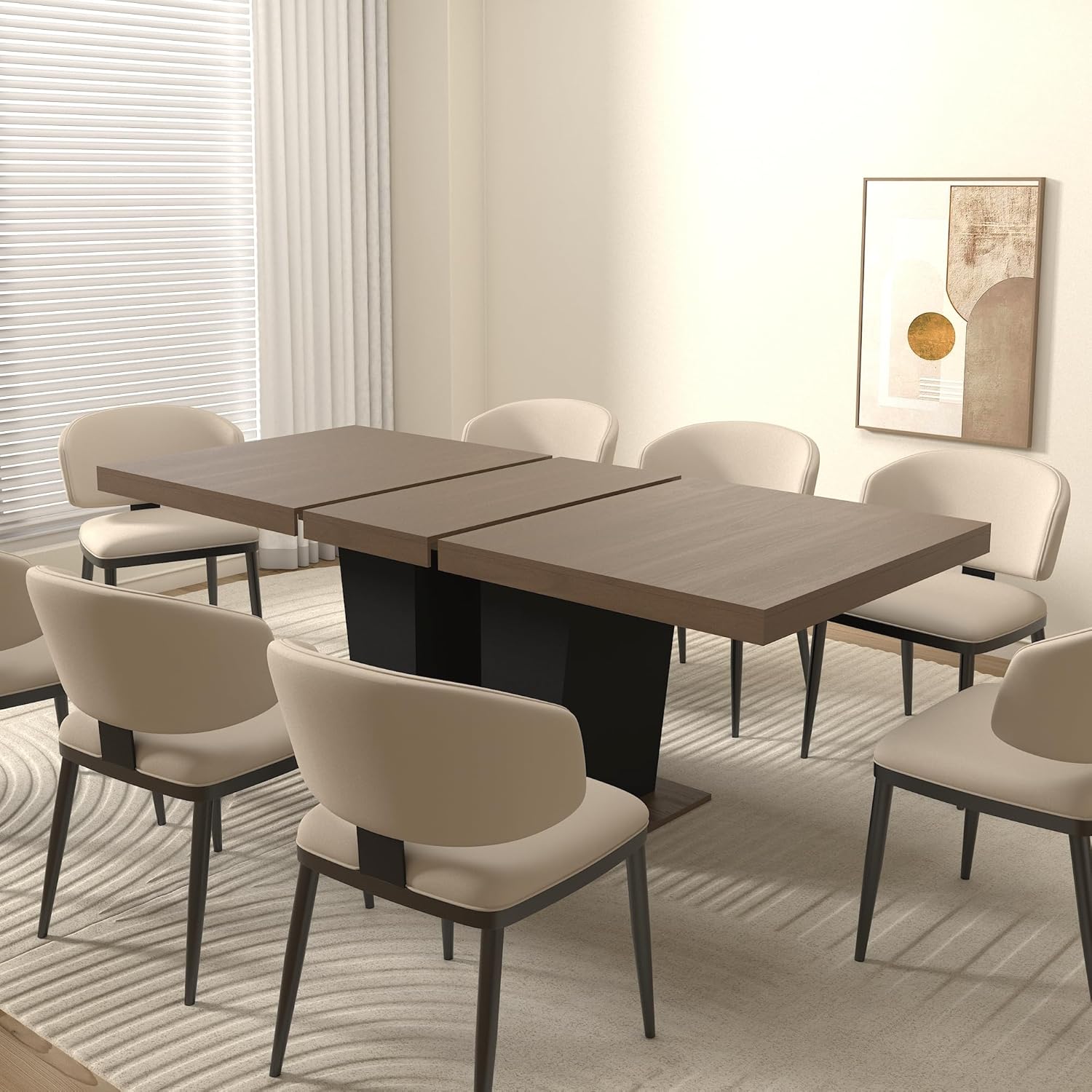 78.74" Extendable Dining Room Table for 4-10 People,Wooden Transformer Kitchen Dining Table with Black Double Sturdy Pedestal Base,Modern Expandable Large Table,Beige+Brown
