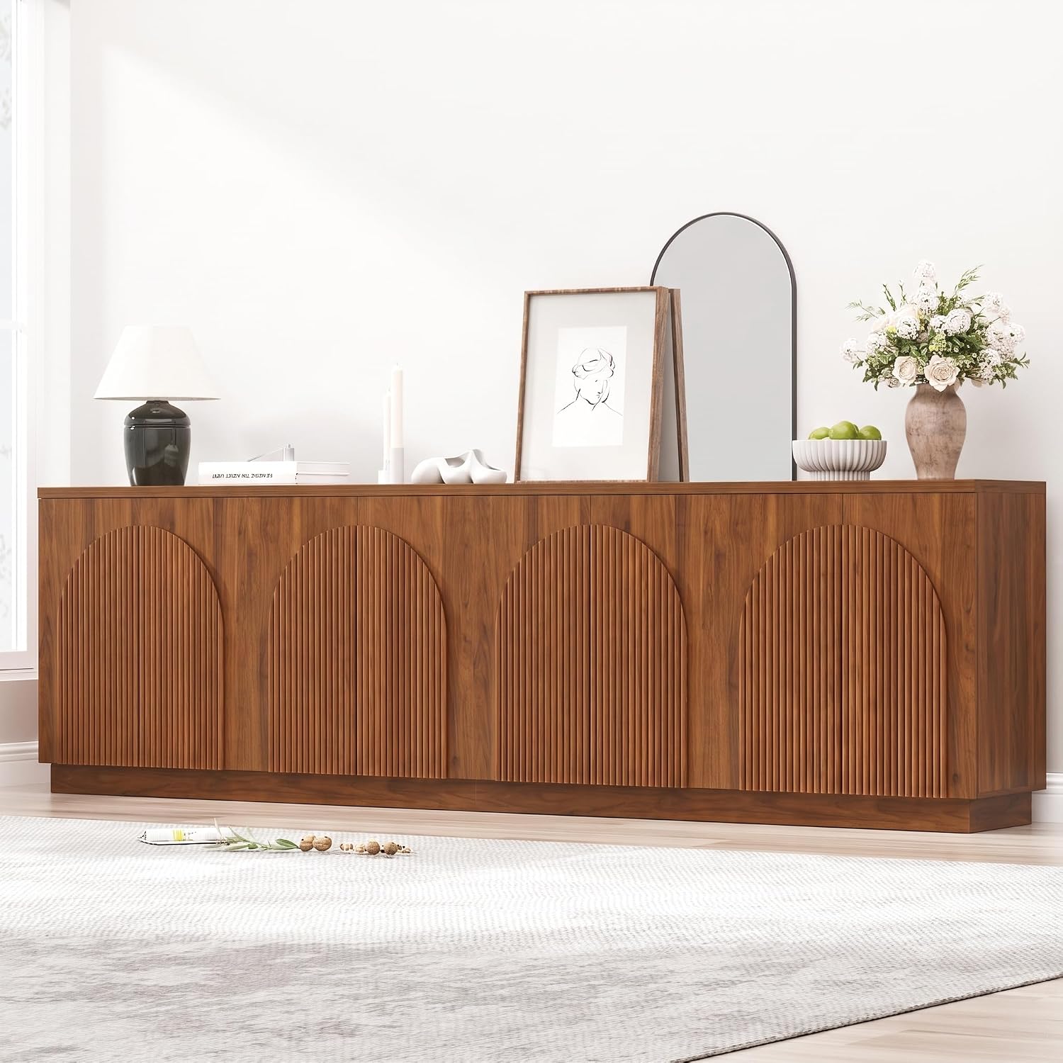 Yechen 110" Modular Fluted Sideboard Buffet Cabinet with Storage, Wood Mid Century Modern Credenza Cabinet w/Arched Reeded Doors & Adjustable Shelves for Kitchen, Living Room, Walnut