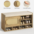 Shoe Storage Bench, 39.4" Entryway Bench with Linen Seat Cushion, 3-Tier Rattan-Style Shoe Cabinet Bench with Sliding Door, 4 Open Compartments and Adjustable Shoe Shelves, for Hallway, Natural Pecan
