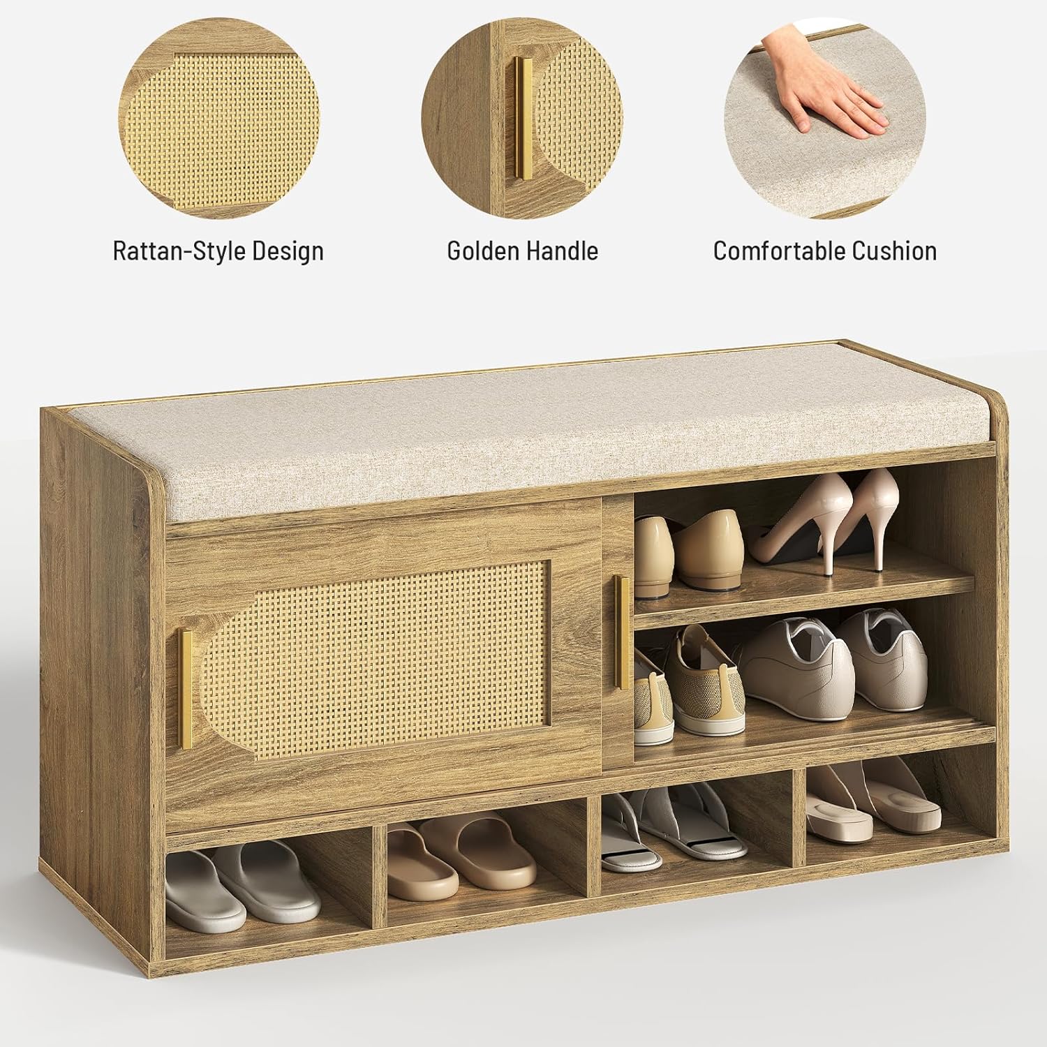 Shoe Storage Bench, 39.4" Entryway Bench with Linen Seat Cushion, 3-Tier Rattan-Style Shoe Cabinet Bench with Sliding Door, 4 Open Compartments and Adjustable Shoe Shelves, for Hallway, Natural Pecan
